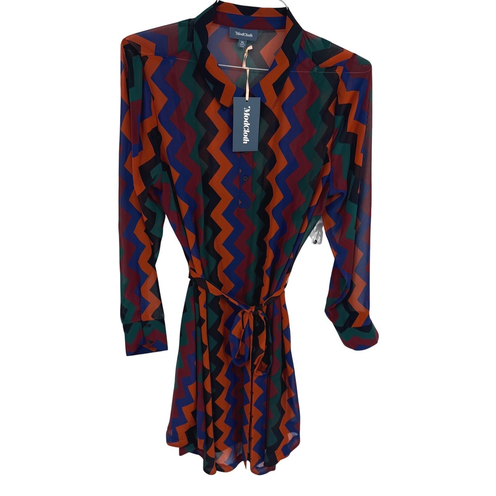 ModCloth Chevron Shirt Dress XL Multicolor Zig Zag Retro Long Sleeve Belted NEW - Picture 3 of 14